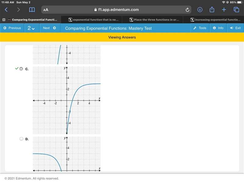 Function f is an exponential function that is negative on the interval (-∞, 1) and-example-1