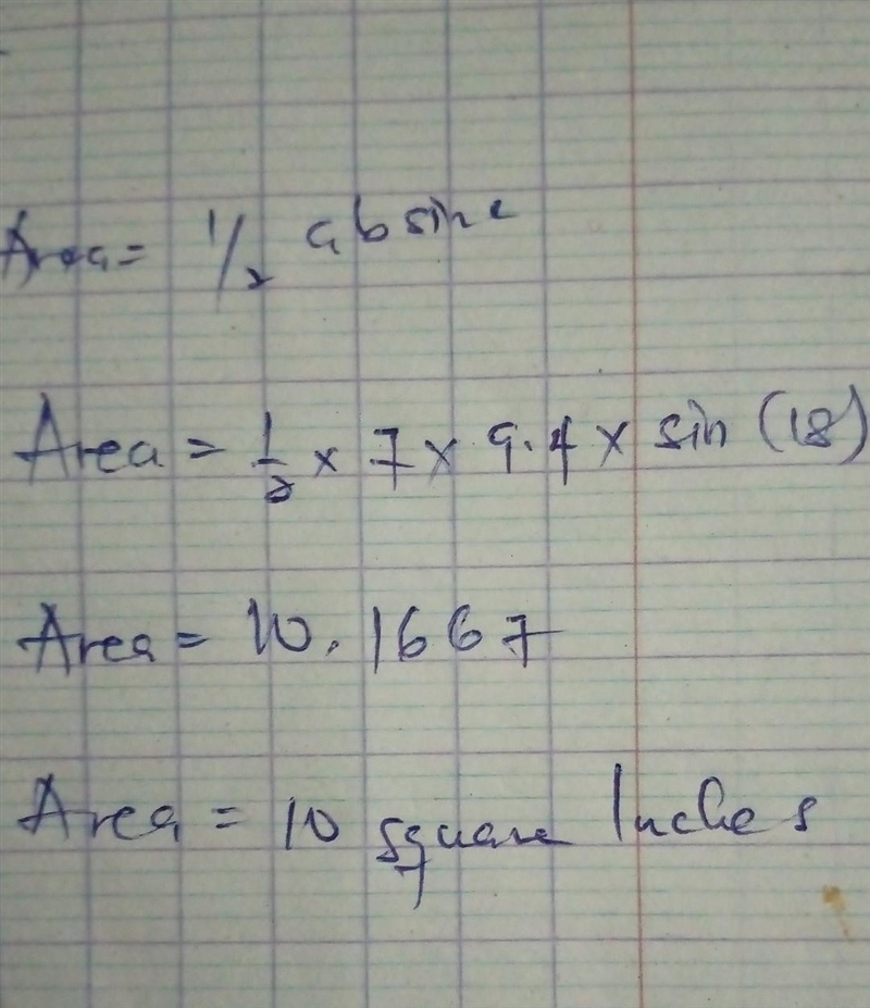 In ΔTUV, t = 7 inches, u = 9.4 inches and ∠V=18°. Find the area of ΔTUV, to the nearest-example-1