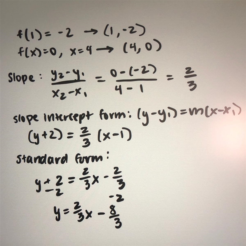 Form linear functions given the following information: f(1) = -2 and if f(x) = 0, then-example-1