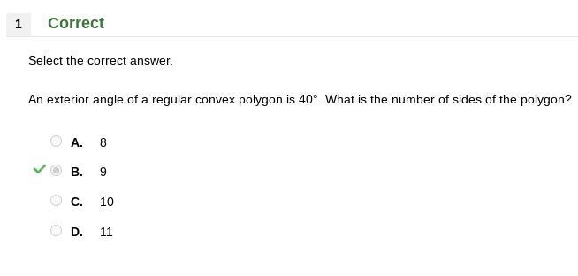 An exterior angle of a regular convex polygon is 40°. What is the number of sides-example-1