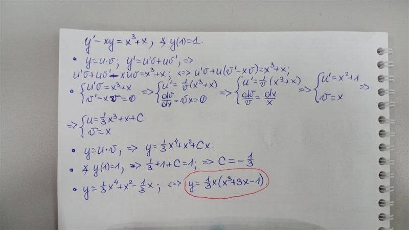 Giải phương trình : y' - xy = x^{3} + x. Điều kiện y(1) = 1-example-1