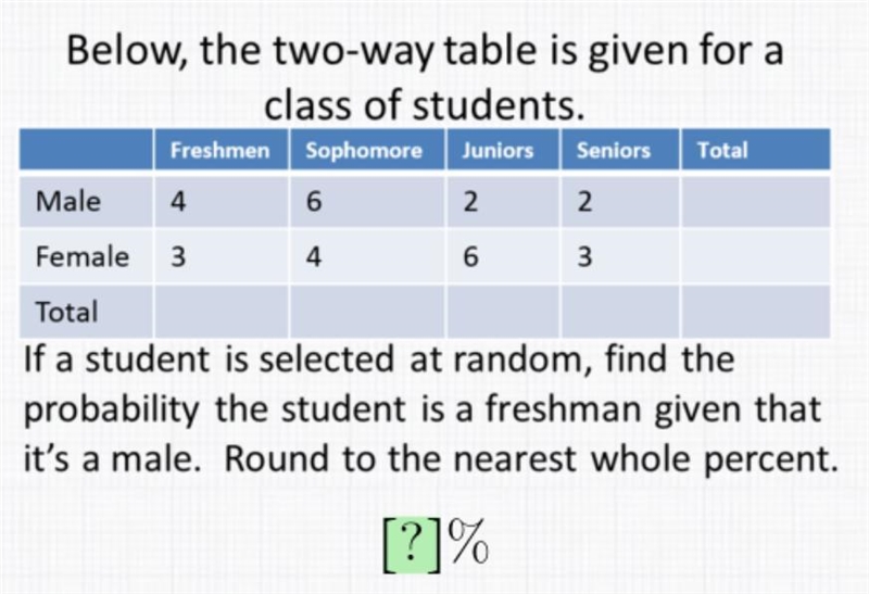 Below, the two-way table is given for a class of students. Juniors Seniors Free Freshmen-example-1