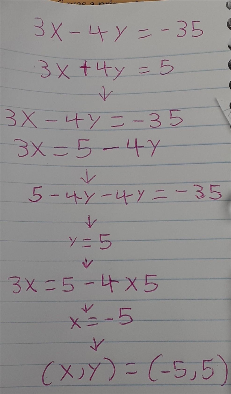 Which statement describes the system of equations? 3x-4y=-35 3x+4y=5 1.) It has one-example-1