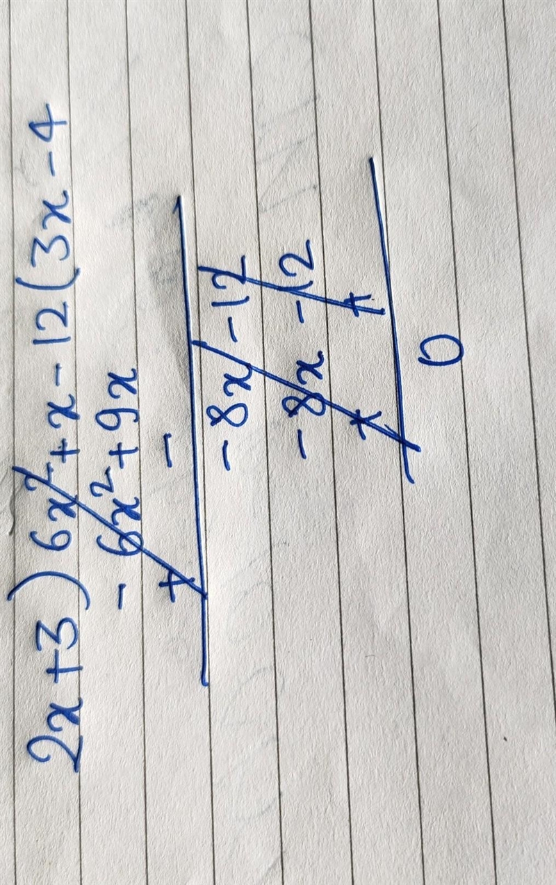 Find the quotient of (6x^2+x-12)÷(2x+3)​-example-1