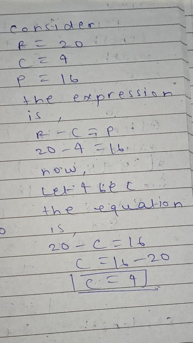 Solve the formula for C. R-C=P C= Hurry now-example-1