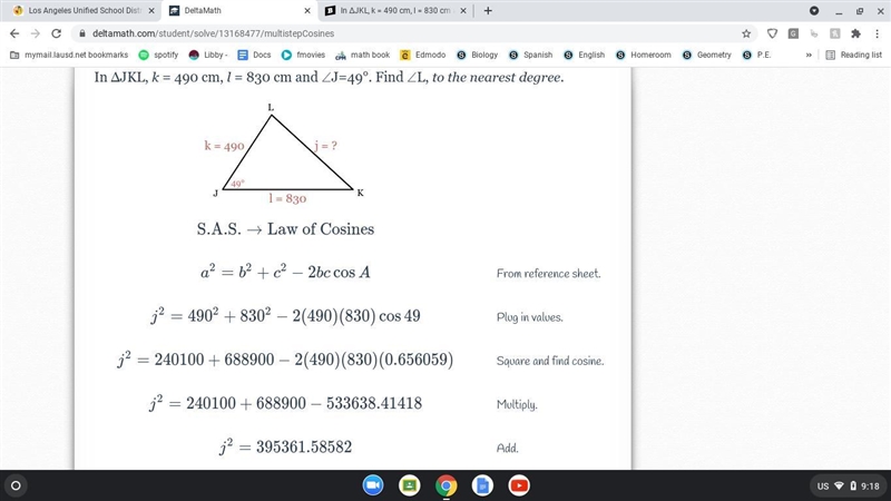 In ΔJKL, k = 490 cm, l = 830 cm and ∠J=49°. Find ∠L, to the nearest degree.-example-2