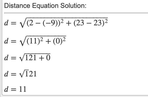 What is the distance between the points (-9 , 23) and (2 , 23) in the coordinate plane-example-1