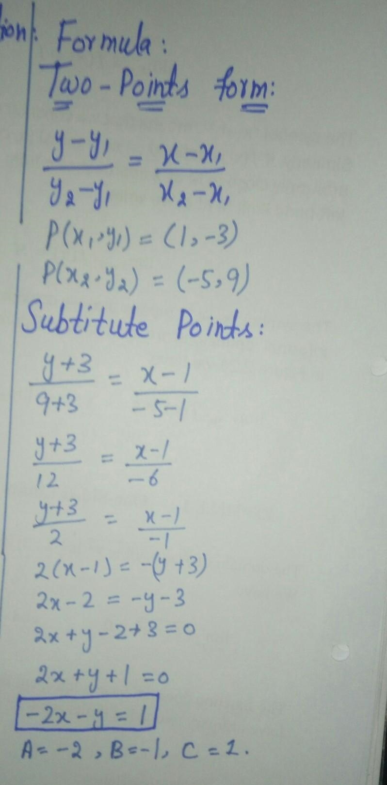 What is the equation of the line in Ax + By = C form that passes through the points-example-1