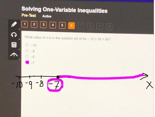 What value of x is in the solution set of 4x – 12 < 16 + 8x? -10 -9 -8 -7-example-1