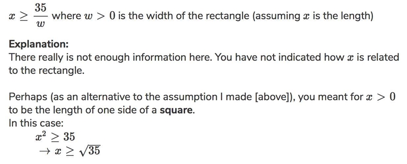 Write and solve an inequality that represents the values of x for which the area of-example-1