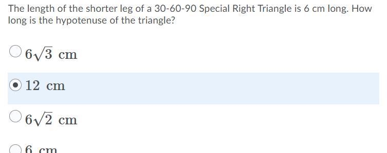 The length of the shorter leg of a 30-60-90 Special Right Triangle is 6 cm long. How-example-1