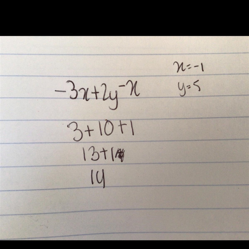 What is the value of -3x+2y-x When x = -1 and y = 5-example-1