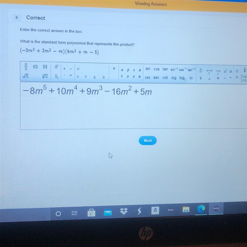 What is the standard form polynomial that represents this product? (-2m3+3m2-m) (4m-example-1