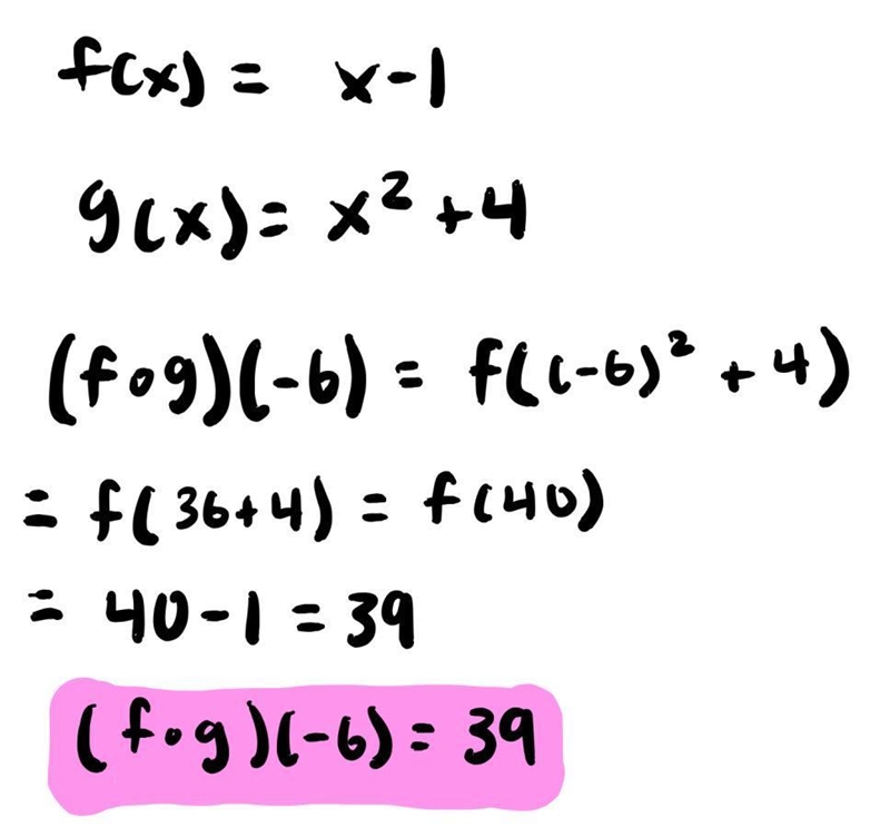 Let f(x)=x-1 and g(x) = x2 + 4. Find (fog)(-6). Then (fog)(-6)= (Simplify your answer-example-1