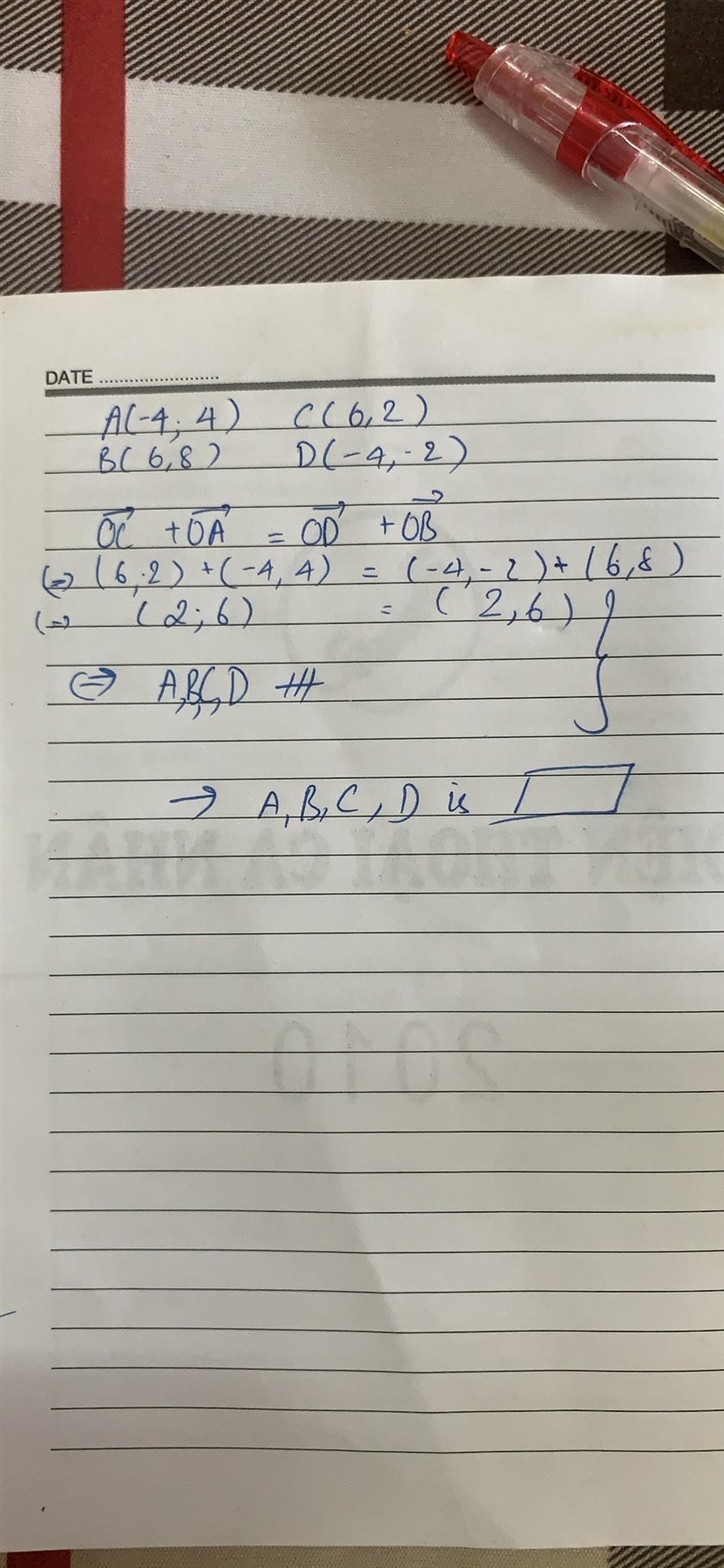 Show that the points A (0, 2), B (4, 2), C (1, -3), and D (-3, -3) are the vertices-example-1