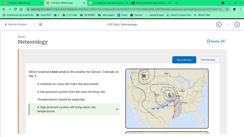 Which statement best predicts the weather for Denver, Colorado on day 3.-example-1