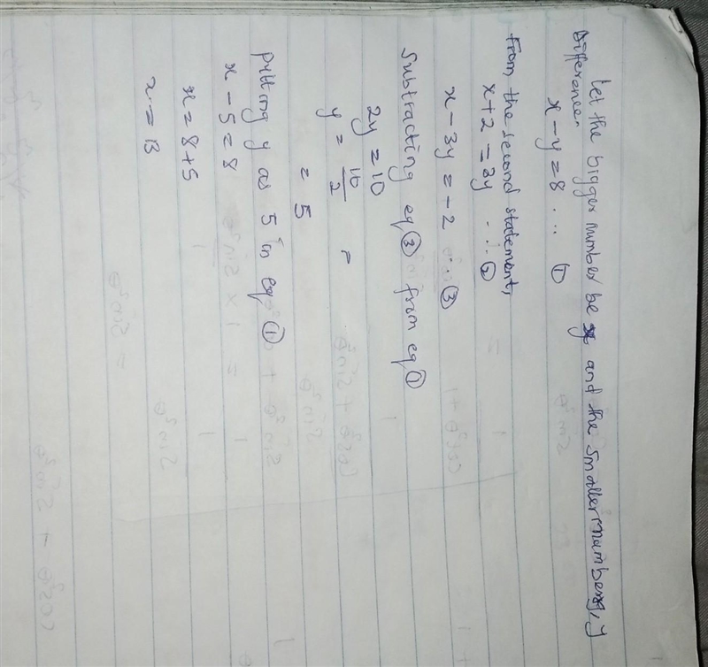 The difference between two numbers is 8. if 2 is added to the bigger number the result-example-1