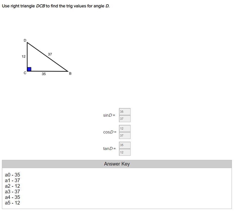 Use right triangle DCB to find the trig values for angle D ​-example-1