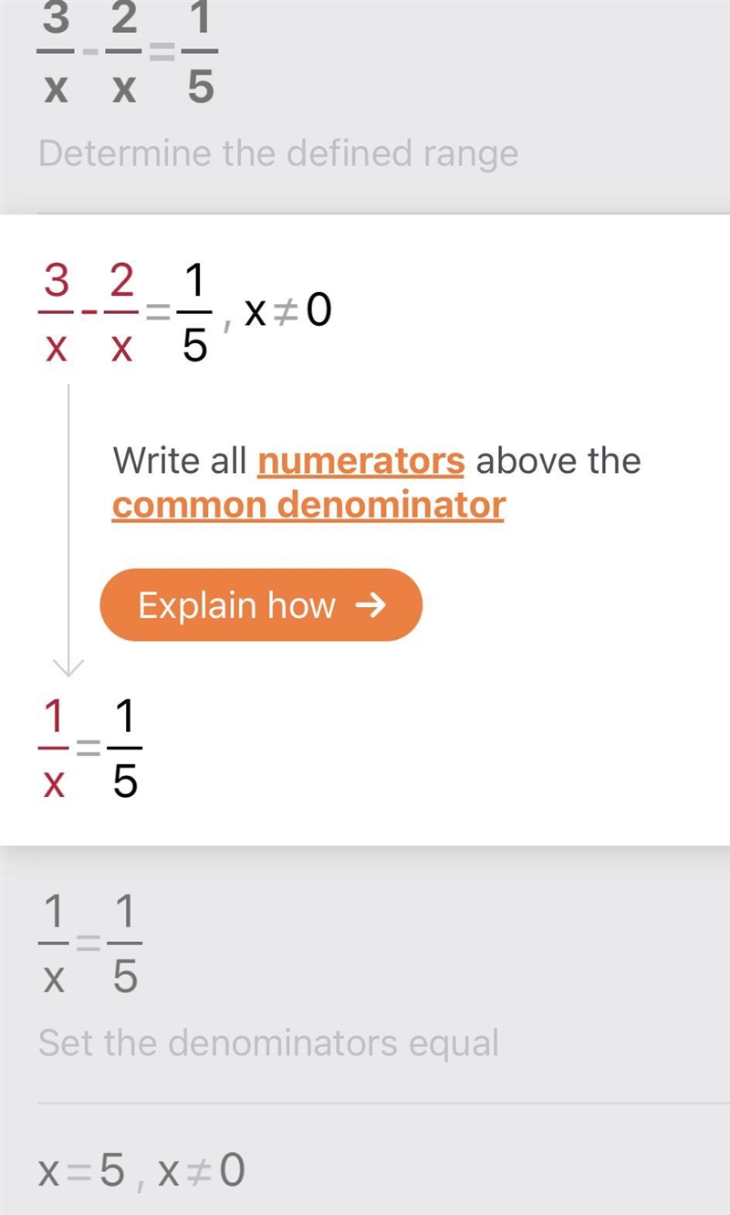 What is 3/x - 2/x = 1/5​-example-1