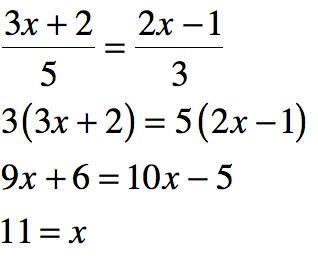 Solve the rational equation 3x+2/5=2x-1/3 x = 1 x = 3 x = 6 x = 11-example-1