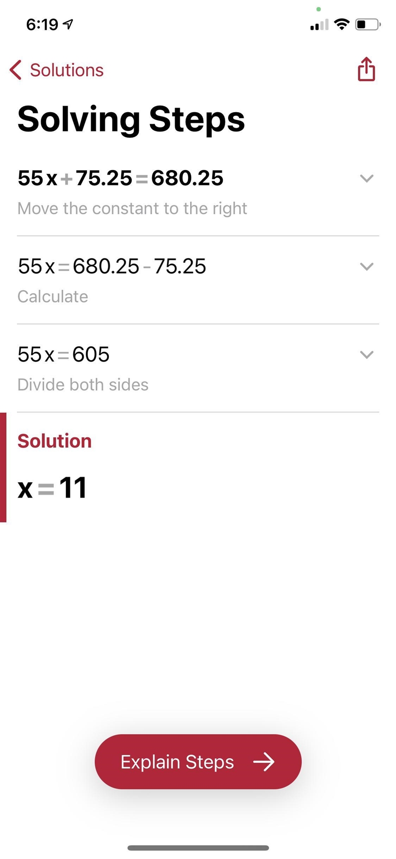 Which is best represented by the following equation 55x + 75.25 = 680.25-example-1