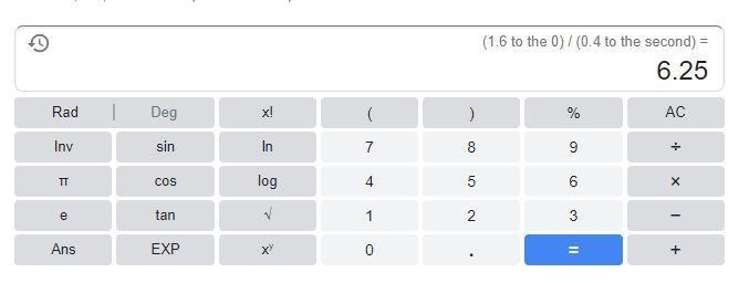 1.6 to the zero power divided by 0.4 to the second power.-example-1