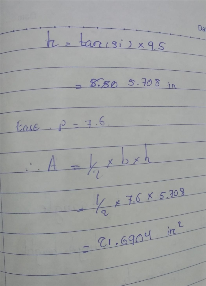 In ΔOPQ, p = 9.5 inches, q = 7.6 inches and ∠O=31°. Find the area of ΔOPQ, to the-example-2