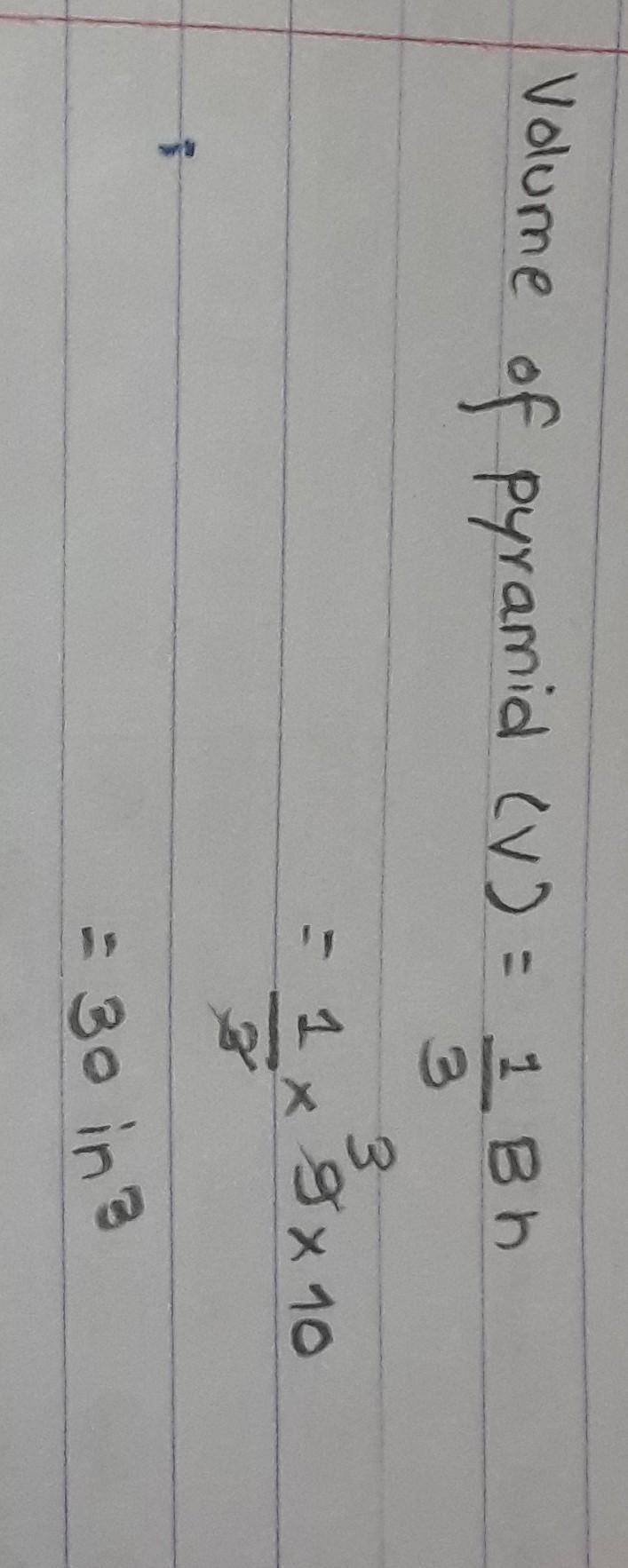 What is the volume of a triangular pyramid that is 10 in. tall and has a base area-example-1