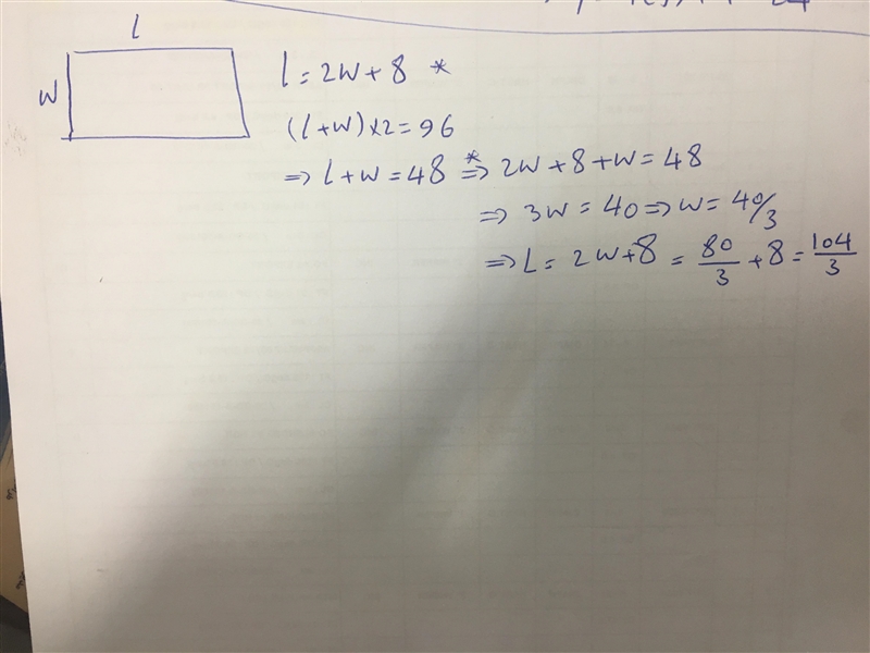 The length of a rectangle is eight more than twice its width. The perimeter is 96 feet-example-1