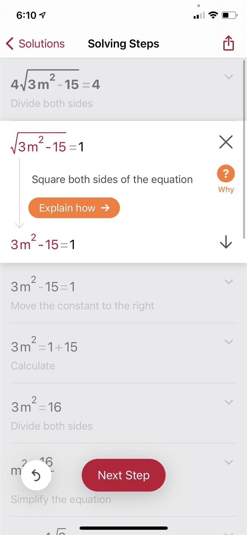 Solve the equation 4sqrt(3m ^ 2 - 15) = 4-example-1