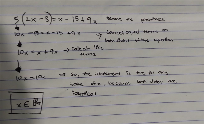 5(2x – 3) = x – 15 + 9x for x-example-1