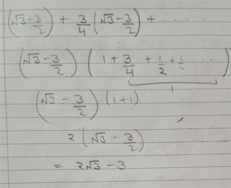 Find the sum of the geometric series. /3-3/2+3|3/4-9/8+...-example-1