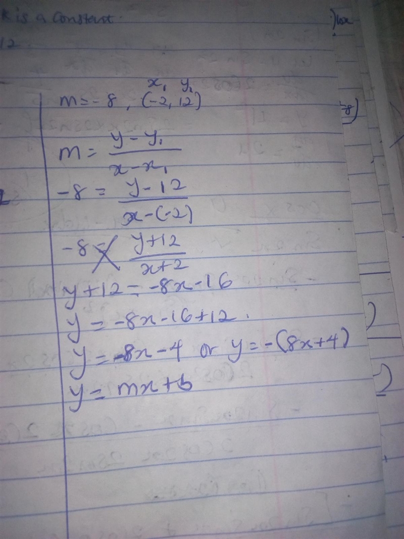 Find the equation of the line with slope = -8 and passing through (-2,12). Write your-example-1