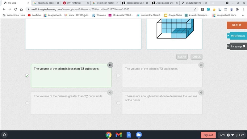 Josie packed unit cubes into a prism, as shown. Which statement about the volume of-example-1