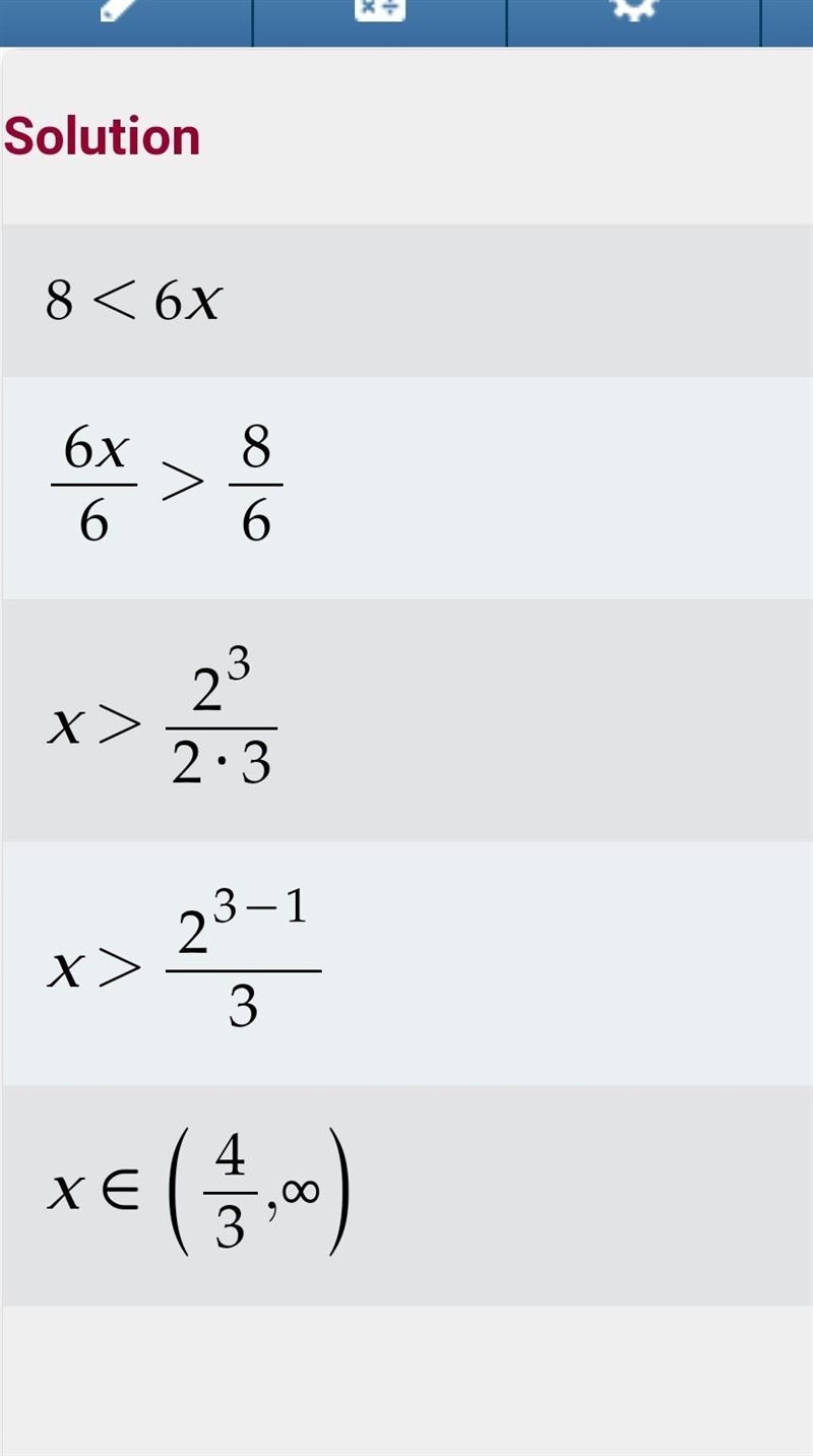 Which number line shows the solution to the inequality 8<6x?-example-1