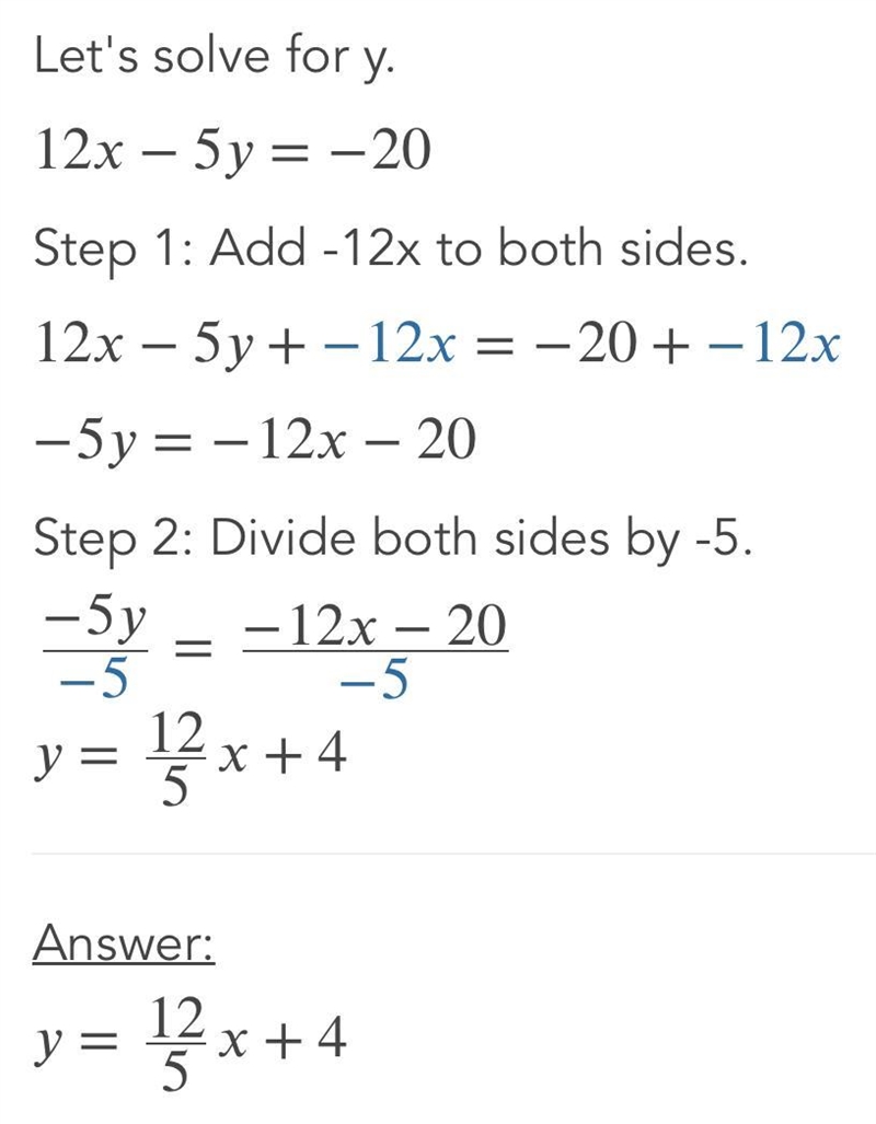 Solve the system of equations. 12x-5y = -20 y =x+4-example-1