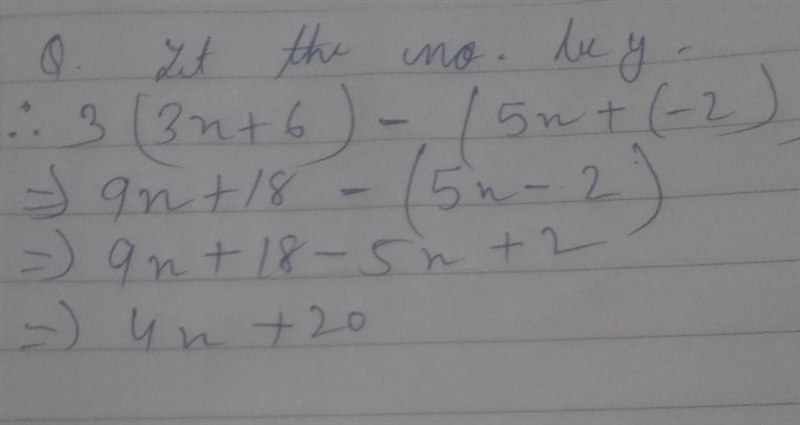 Simplify. Five times a number added to -2 , subtracted from triple the sum of three-example-1