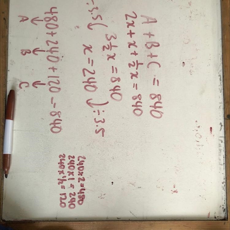 6. The sum of three numbers A, B, and C, is $840. A is 2 times of B and C is half-example-1