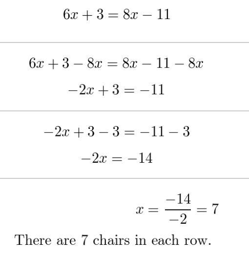 Hue is arranging chairs. She can form 3 rows of a given length with 2 chairs left-example-1