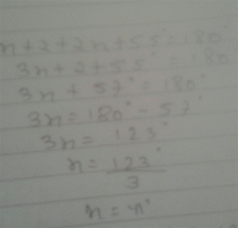 If a triangle has angles of X+2, 2x, and 55. What are the three angle measurements-example-1