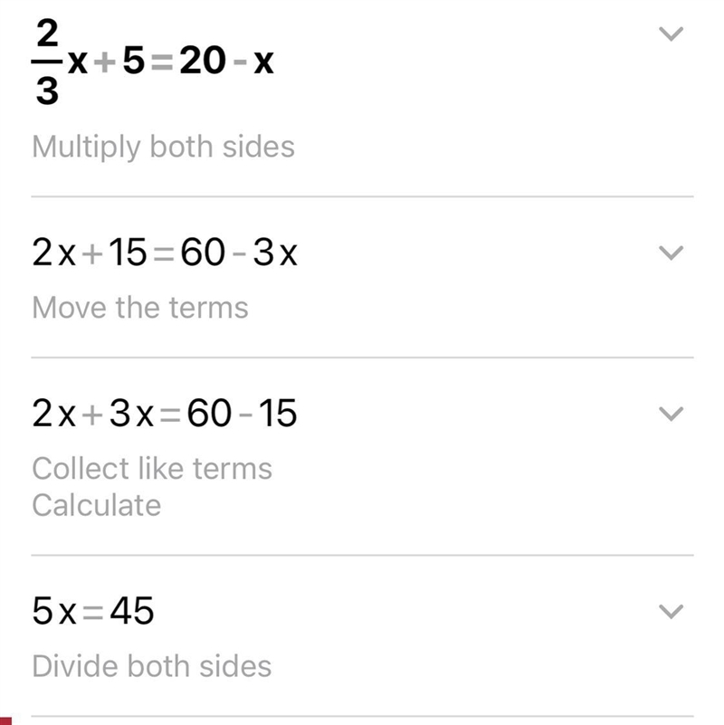 2/3b+5=20−b Solve for b. Both sides have to be equal.-example-1