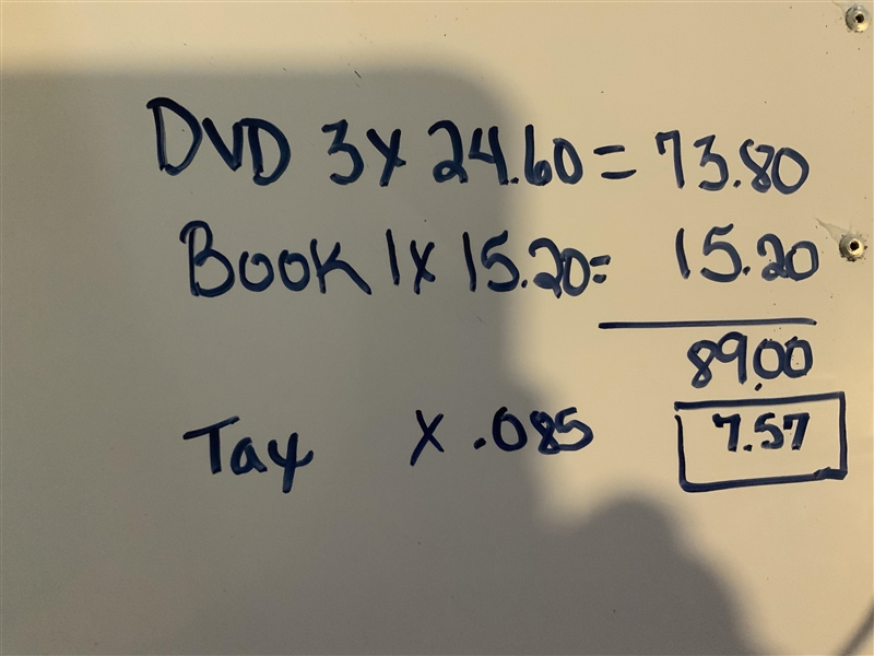 The sales tax in Callie's town is 8.5%. Callie bought 3 DVDs for $24.60 each and 1 book-example-1