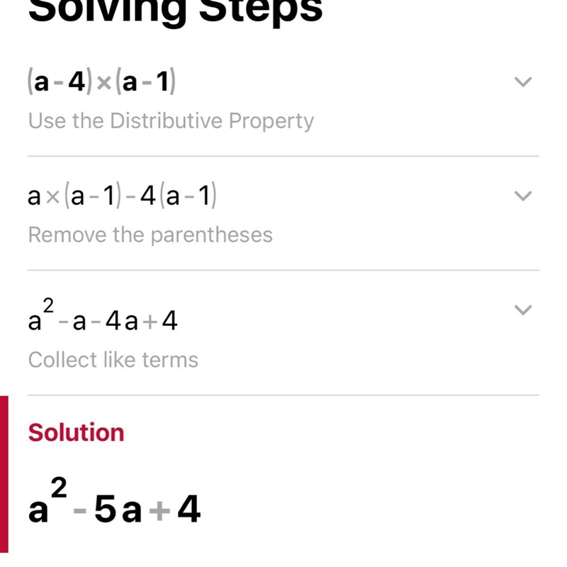 Simplify the product using the Distributive Property (a - 4)(a - 1)-example-1