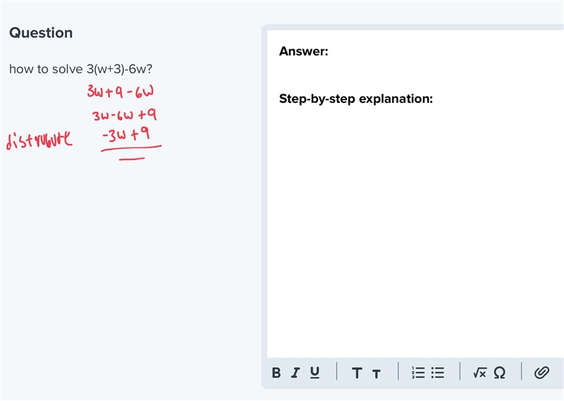 How to solve 3(w+3)-6w?-example-1