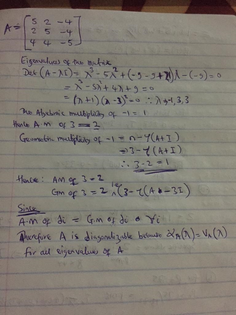 A = [5 2 -4 2 5 -4 4 4 -5]Is A diagonalizable? Why or why not? a. A is diagonalizable-example-1