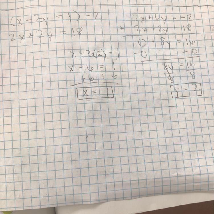 Solve the system of equations x – 3y = 1 and 2x + 2y = 18 by combining the equations-example-1