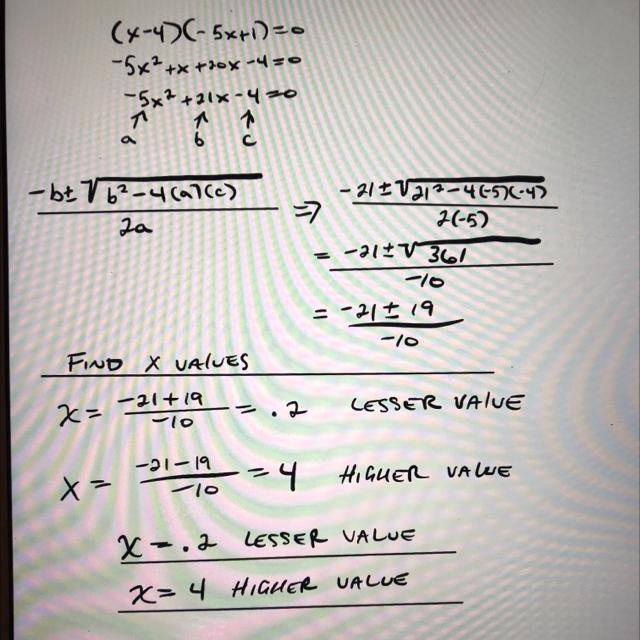 Solve for x Enter the solutions from least to greatest . (x - 4)(- 5x + 1) = 0 lesser-example-1