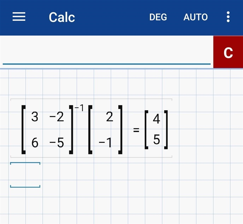 Solve the system using a matrix, 3x – 2y = 2 6x - 5y = -1-example-1