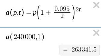 A saver deposits N240 000 in a bank which pays compound interest at 9½% per annum-example-1