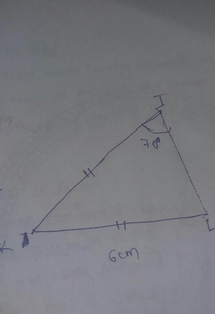 Guys please help me to draw triangle jkl JK=6cm, KL=6cm and j=70°​-example-1